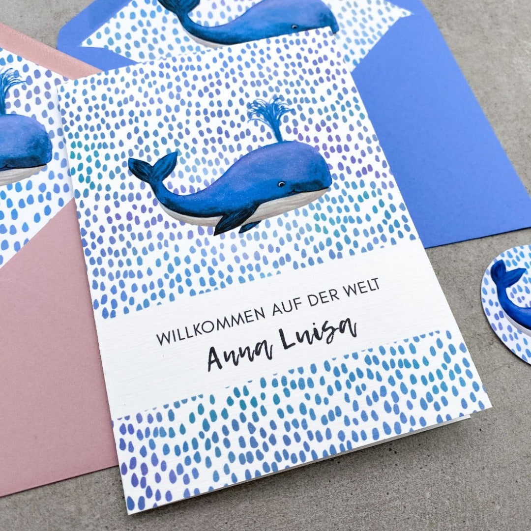 Glückwunschkarte zur Geburt - Aquarell Wal, Umschlag