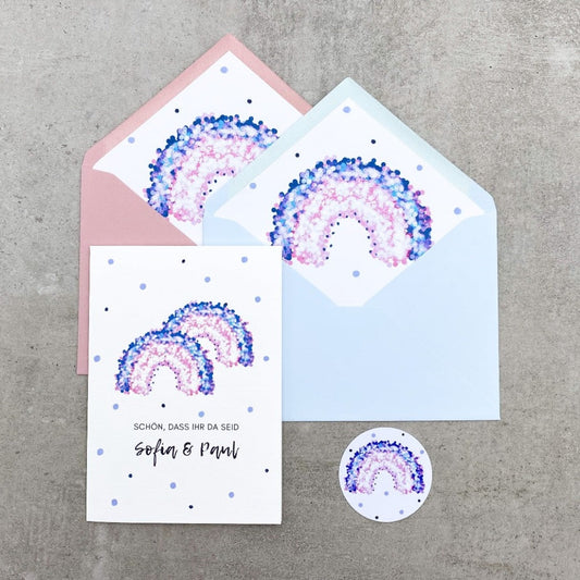 Glückwunschkarte zur Geburt von Zwillingen, lila Regenbogen