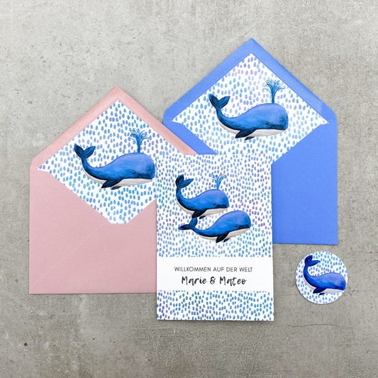 Geburtskarte für Zwillinge, 2 Wale im Meer, Umschlag rosa oder blau