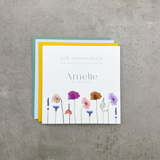 Einladungskarte zur Kommunion mit gezeichneten Mohnblumen - KleinArt