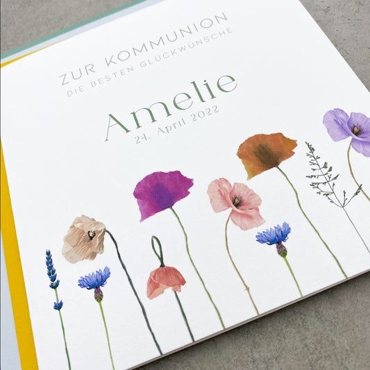 Einladungskarte zur Kommunion mit gezeichneten Mohnblumen - KleinArt