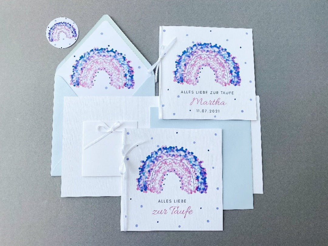 Glückwunschkarte zur Taufe mit Geldfach und Umschlag lila Regenbogen