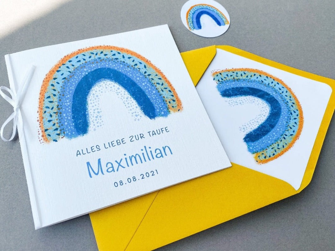 Taufkarte personalisiert - Regenbogen blau gelb Grußkarten KleinArt