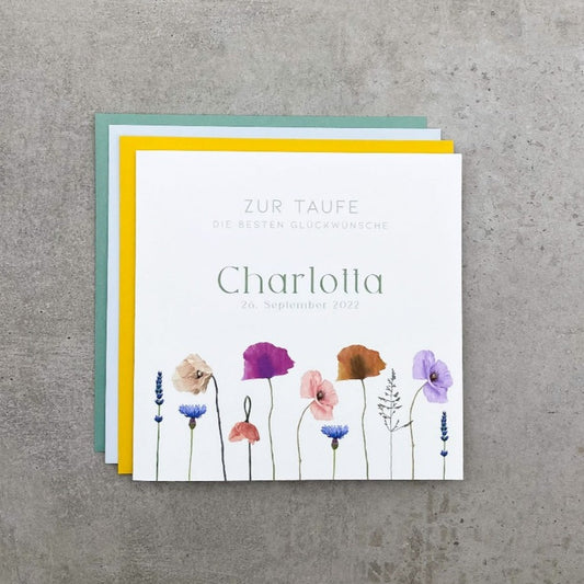 Personalisierbare Karte zur Taufe mit gezeichneten Wildmohnblumen und farbigen Umschlägen - KleinArt