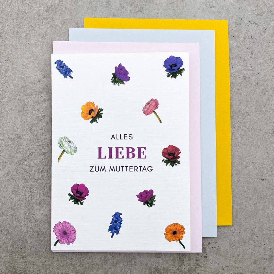 Muttertagskarte mit Frühlinsgblumen und Umschlag