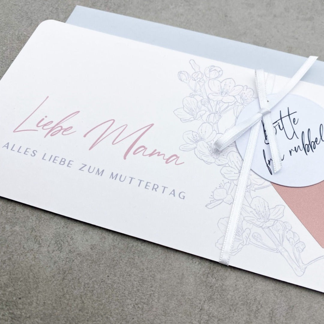 Muttertagskarte als Rubbelgutschein mit rosa Herz und Kirschblüten