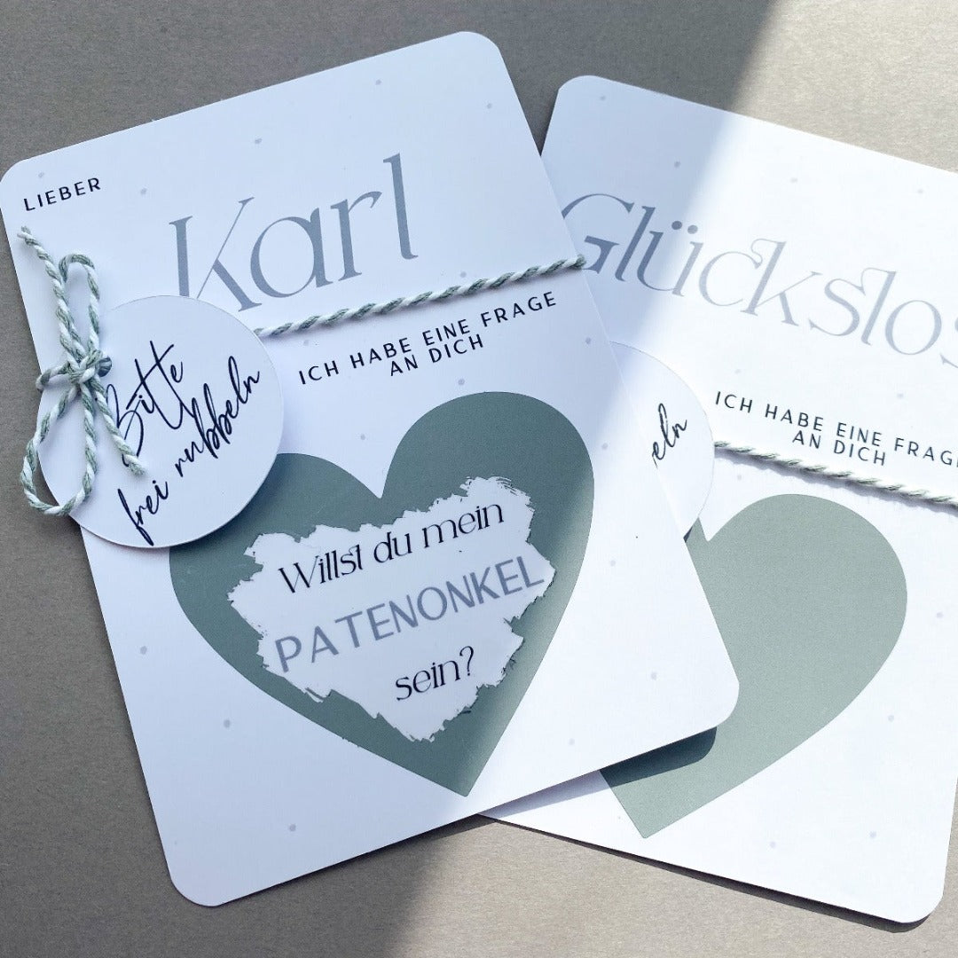 Personalisierbare Patenonkel fragen Rubbelkarte mit Herz in grau - KleinArt