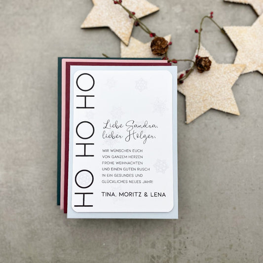Postkarte für Weihnachtsgrüsse mit Schneeflocken HOHOHO verschiedene farbige Umschläge - KleinArt