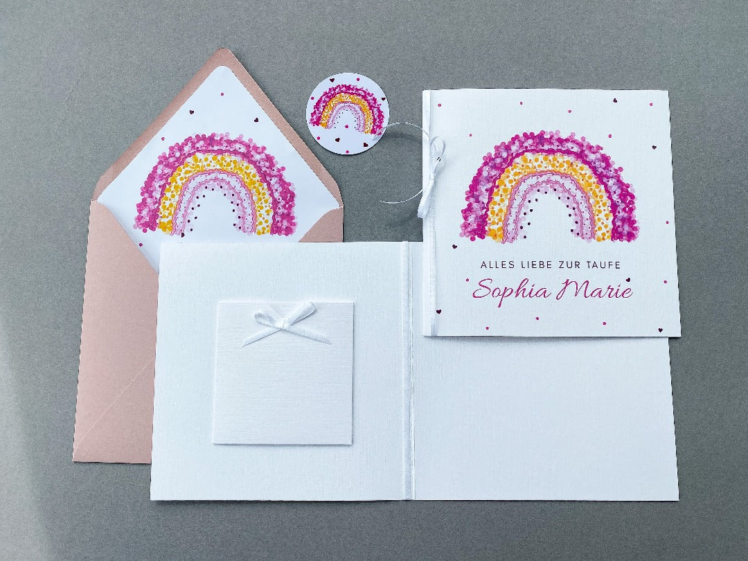 Karte zur Taufe mit Geldfach und Regenbogen in rosa und rosa Umschlag