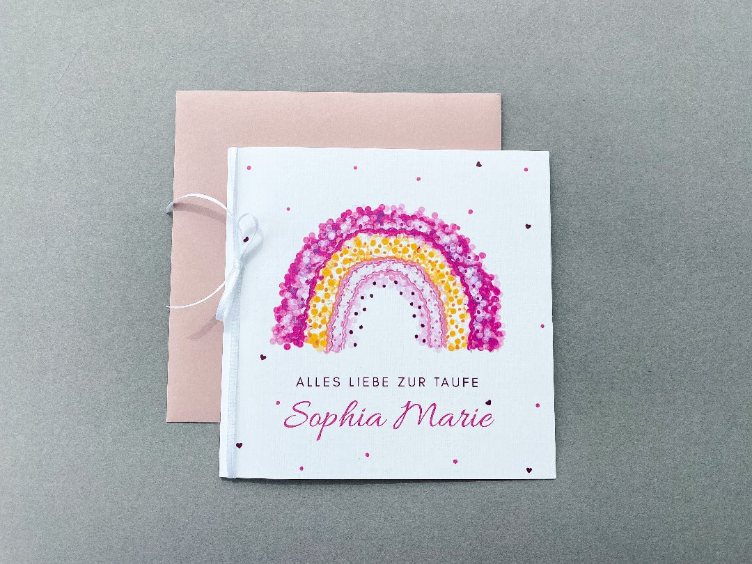 Karte zur Taufe mit Regenbogen in rosa und rosa Umschlag