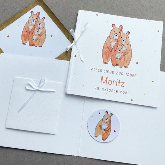 Taufkarte mit Geldfach und Bären