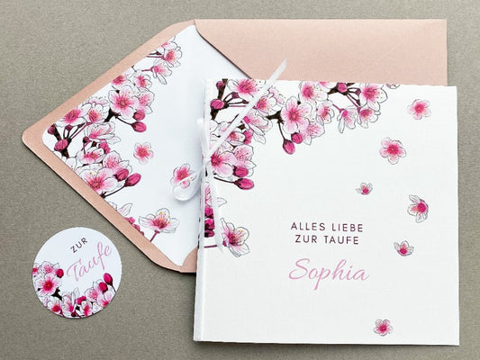 Taufkarte mit rosa Kirschblüten