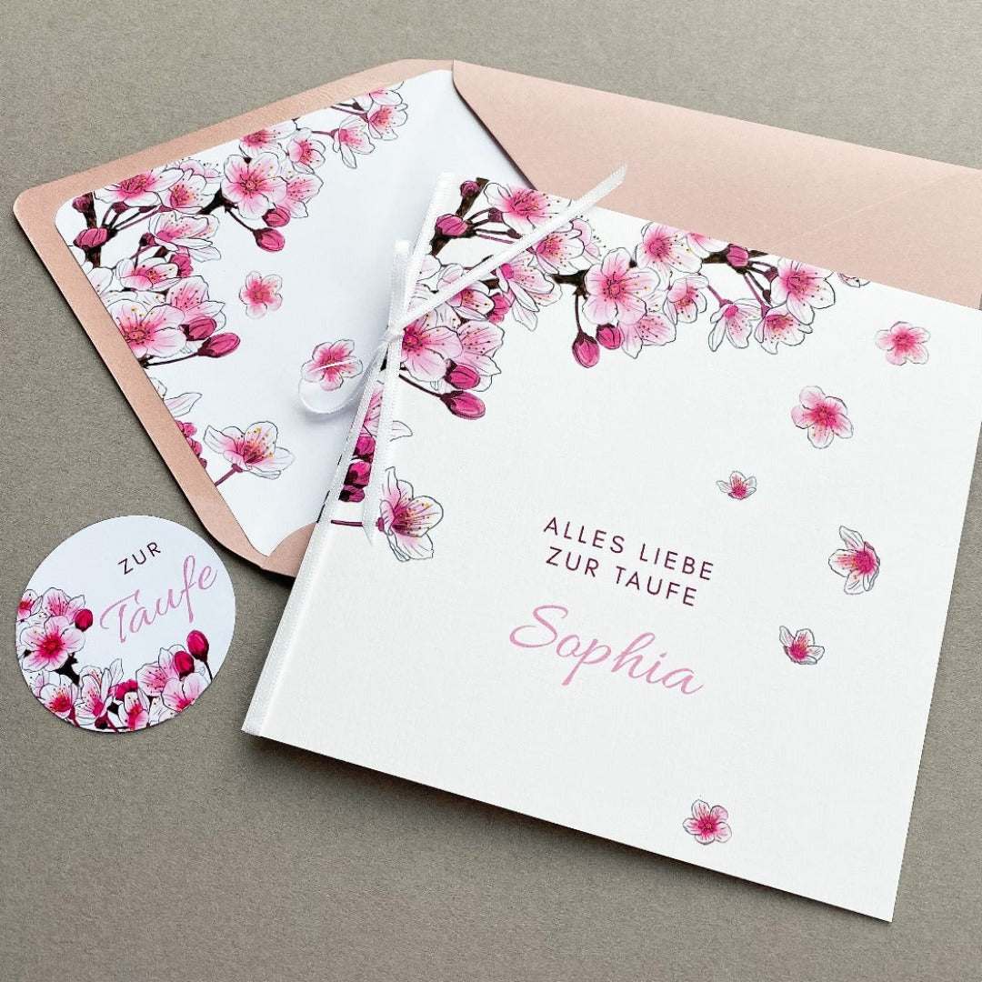 Taufkarte mit rosa Kirschblüten