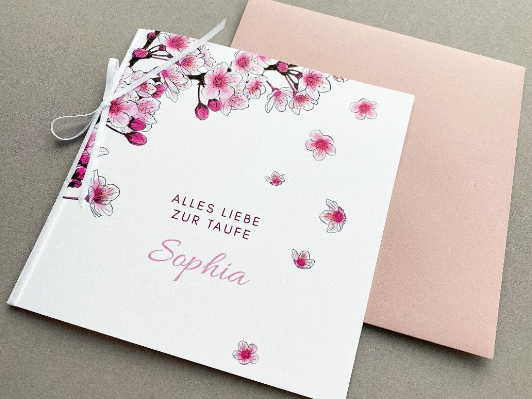 Taufkarte mit Kirschblüten in rosa