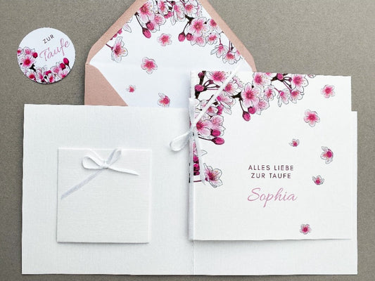 Taufkarte, Kirschblüten in rosa