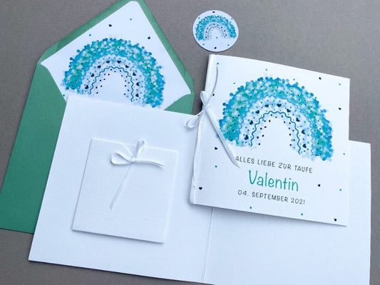 Taufkarte mit Geldfach und Regenbogen in grün