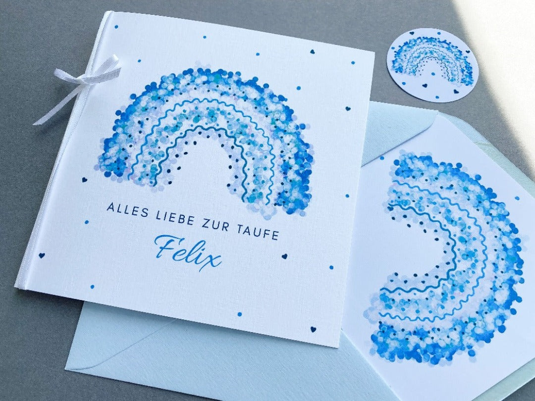 Taufkarte mit blauem Regenbogen und blauem Umschlag mit Inlay