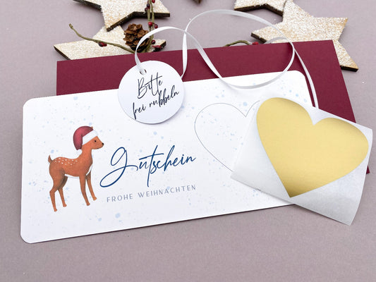 Weihnachtlicher Rubbelgutschein mit Reh und goldenem Herz - KleinArt