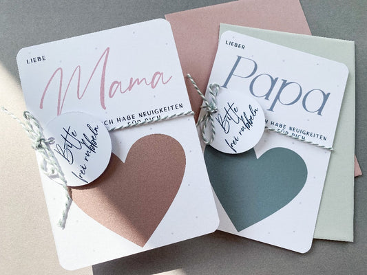 Schwangerschaft an Eltern verkünden mit Rubbelherz in rosa oder grau